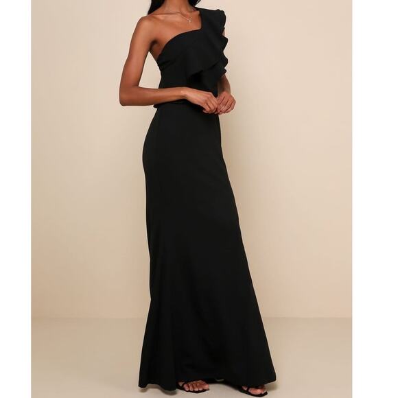 Lulus NWT Grand Beauty Black Ruffled One-Shoulder Mermaid Maxi Dress Medium - Picture 2 of 10